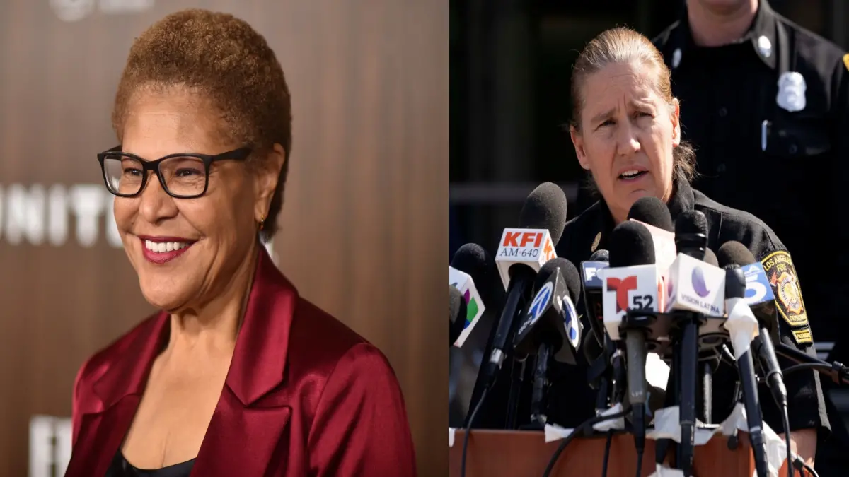 ▲有消息指出，洛杉磯消防局長克勞利（右）在這場肆虐洛杉磯的野火中，已被市長巴斯（左）撤職，但隨後遭到市長辦公室否認。（圖／美聯社／達志影像）