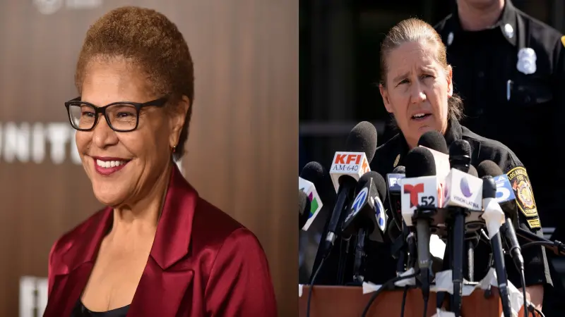 ▲有消息指出，洛杉磯消防局長克勞利（右）在這場肆虐洛杉磯的野火中，已被市長巴斯（左）撤職，但隨後遭到市長辦公室否認。（圖／美聯社／達志影像）