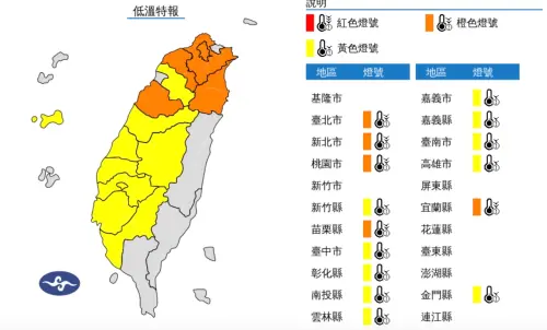 ▲今(11)日至明(12)日大臺北、桃園、苗栗及宜蘭局部地區有持續10度左右或以下氣溫發生的機率，請注意防範。（圖／翻攝自中央氣象署）