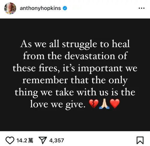 ▲影帝霍普金斯在豪宅被毀後發聲,用正能量撫慰災民。(圖/翻攝自Anthony Hopkins IG) ▲影帝霍普金斯在豪宅被毀後發聲,用正能量撫慰災民。(圖/翻攝自Anthony Hopkins IG)