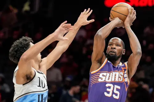 鳳凰城太陽超級球星「KD」Kevin Durant今(15)日寫下生涯第400次得分上30分,但他的心情恐怕不會太美麗,因為球隊以117:122輸給了亞特蘭大老鷹,球隊目前19勝20敗勝率跌破5成,與金州勇士一樣都跌出附加賽區。 ▲鳳凰城太陽超級球星「KD」Kevin Durant今(15)日寫下生涯第400次得分上30分,但他的心情恐怕不會太美麗,因為球隊以117:122輸給了亞特蘭大老鷹,球隊目前19勝20敗勝率跌破5成,與金州勇士一樣都跌出附加賽區。(圖/美聯社/達志影像)