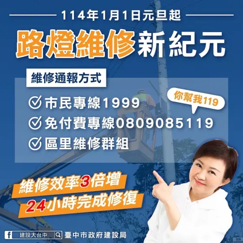 ▲市府推動「台中市節能路燈換裝暨維護案」，元月起市民報修路燈，完修時間將從原來的3天，大幅縮短在1天完成(圖／台中市政府建設局提供)