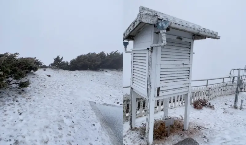 ▲大陸冷氣團今（15）日南下影響，搭配充足水氣，海拔3858公尺、位於玉山北峰的氣象站下午開始下雪。（圖／氣象署玉山氣象站提供）