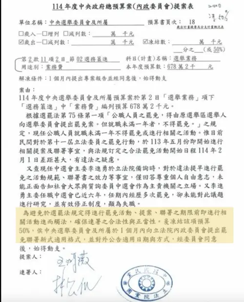 ▲王鴻薇提案凍結中選會選舉策進業務費50％預算，並要求提出罷免新式適用格式。（圖／翻攝自林俊憲臉書）