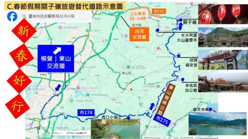 台南市白河東山區,擁有許多著名觀光景點,關子嶺溫泉商圈、水火同源、大仙寺、火山碧雲寺、崁頂福安宮、孚佑宮仙公廟,以及後壁區菁寮老街等等,每年春節都會湧入大量遊客及朝聖參拜車潮,白河警分局為了讓用路人行車更順暢,已規劃交通疏導措施。(圖/警方提供) ▲台南市白河東山區,擁有許多著名觀光景點,關子嶺溫泉商圈、水火同源、大仙寺、火山碧雲寺、崁頂福安宮、孚佑宮仙公廟,以及後壁區菁寮老街等等,每年春節都會湧入大量遊客及朝聖參拜車潮,白河警分局為了讓用路人行車更順暢,已規劃交通疏導措施。(圖/警方提供)