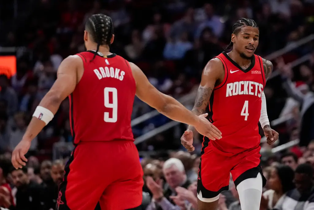 ▲休士頓火箭今（16）日客場對上丹佛金塊，Jalen Green砍下全場最高34分，率領火箭128：108大勝金塊，收下近期5連勝。（圖／美聯社／達志影像）