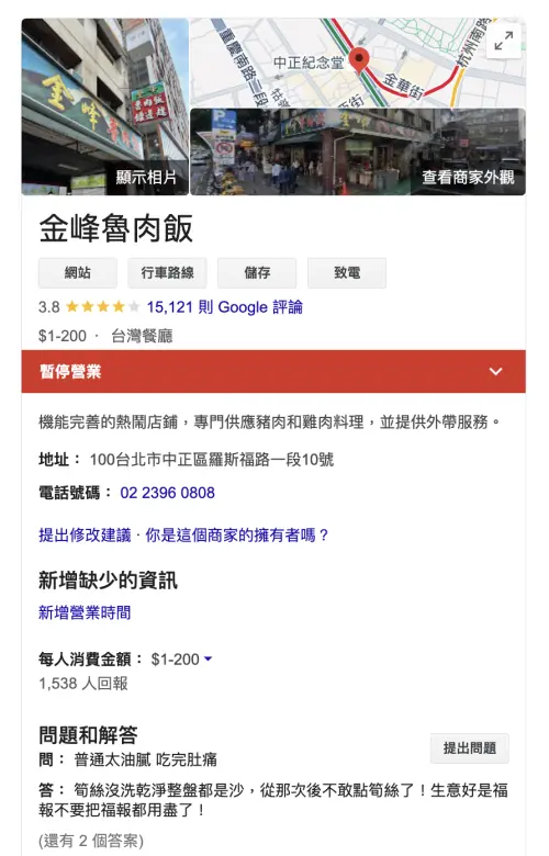 ▲金峰滷肉飯在Google上有15000則評論，沒想到卻無預警顯示「暫停營業」的訊息。（圖／Google）