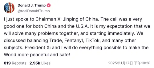 ▲川普透露與習近平的通話內容。（圖／翻攝自TruthSocial）