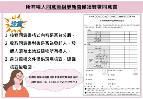 ▲所有權人同意籌組更新會僅需簽署同意書。（圖／高市府都發局提供）