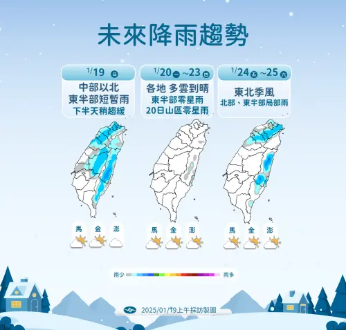 ▲週三開始帶有水氣的東北季風影響，北部、東半部有雨，週五雨區擴大到中南部山區。（圖／中央氣象署）