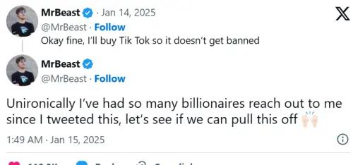 ▲「MrBeast」放話收購TikTok　約億萬富翁開會（圖／MrBeast X）