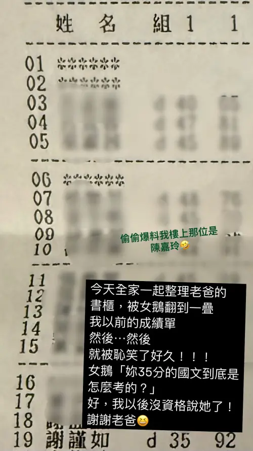 ▲推機（謝謹如）在自己過去的成績單圖文中，笑稱國文只考35分，以後無法再講女兒，更透露和在《俗女養成記》扮演女主角陳嘉玲的謝盈萱是同學。（圖／摘自IG）