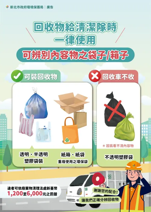 ▲新北環保局提醒，回收車不收「不透明塑膠袋」封口的回收物品。（圖／新北環保局提供）