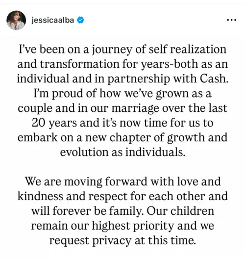 ▲潔西卡艾芭在社群網站上發表婚姻將結束的聲明，受到外界的關注。（圖／摘自IG）