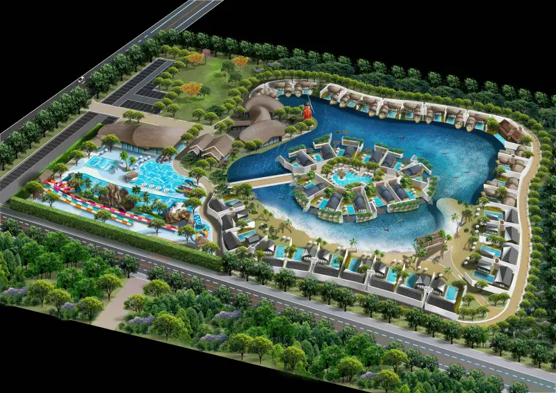 ▲雲品國際與光禹國際將開發嘉義故宮南院旁BOT案，設計規劃出9.9公頃的湖畔景觀Villa園區，規劃成野奢渡假村，將打造成水上小鎮並有32間湖畔獨棟Villa。（圖／雲品國際提供）