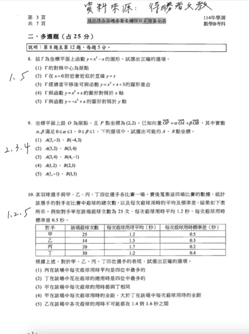 ▲學測數學B答案（圖／得勝者文教提供）