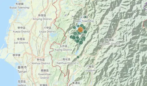 嘉義6.4地震後,已經發生54起餘震,震央集中在台南北部和嘉義。(圖/中央氣象署) ▲嘉義6.4地震後,已經發生54起餘震,震央集中在台南北部和嘉義。(圖/中央氣象署)