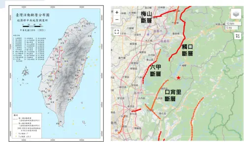 和本次嘉義大埔規模6.4地震震央較接近的斷層,分別是「口宵里斷層」、「六甲斷層」和「觸口斷層」。(圖/中央氣象署) ▲和本次嘉義大埔規模6.4地震震央較接近的斷層,分別是「口宵里斷層」、「六甲斷層」和「觸口斷層」。(圖/中央氣象署)