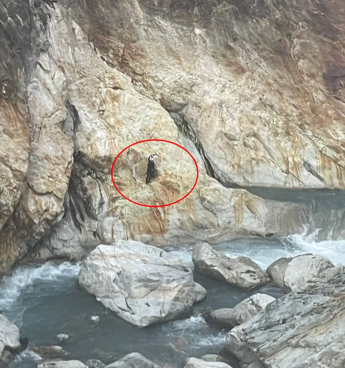 ▲黃姓男子日前和兩名友人前往轆轆溫泉登山，未料黃姓男子獨自前往溯溪進行空拍時，遭遇溪流暴漲被困於岩壁石縫間2晚，今（21）日清晨由空勤直升機吊掛下山送醫。（圖／台東縣消防局提供）