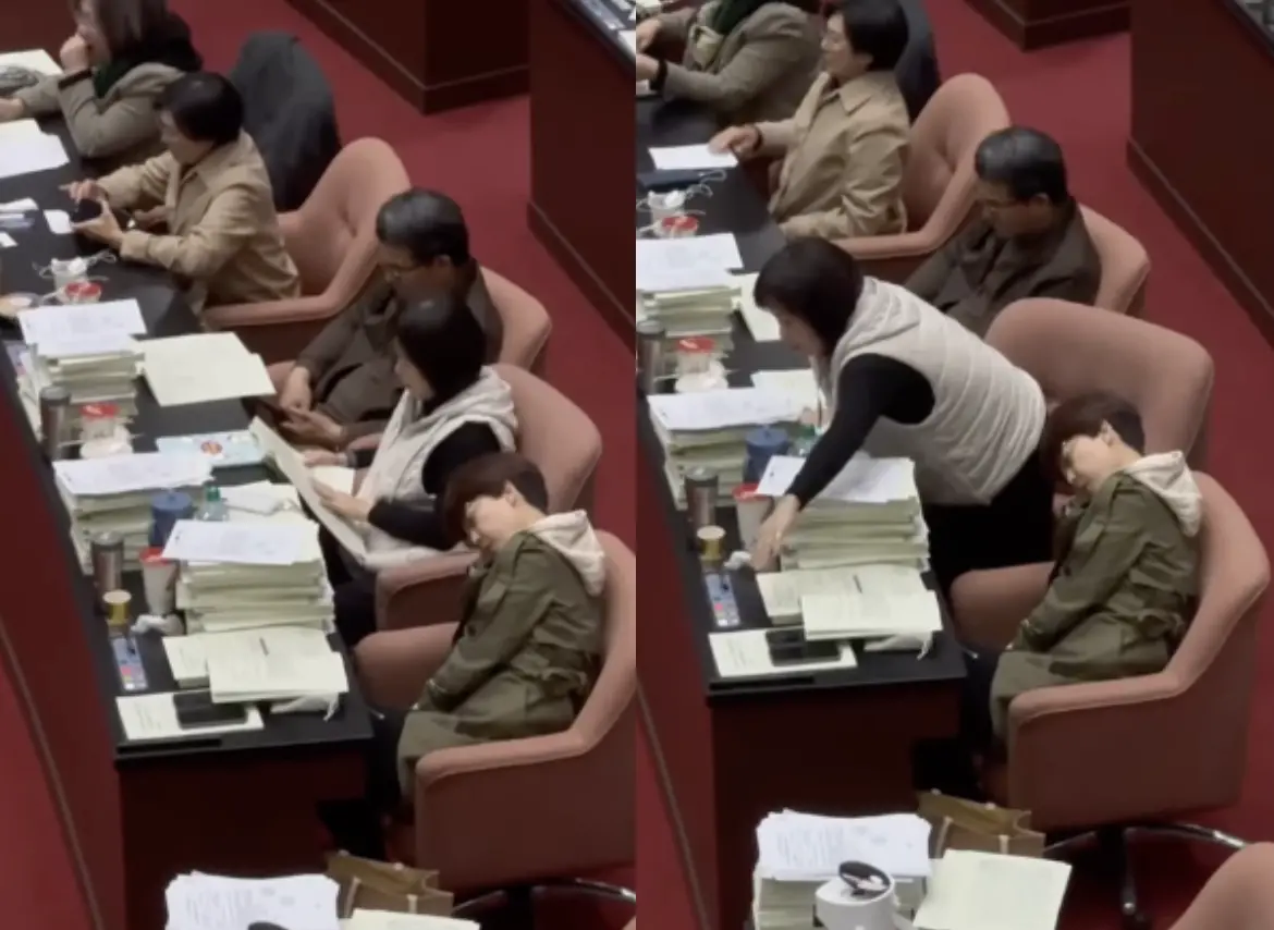 ▲表決過程中，民進黨立委陳亭妃可能太累睡著了，一旁的同黨立委林月琴竟直接起身幫陳亭妃按表決器。（圖／翻攝歷史哥臉書）