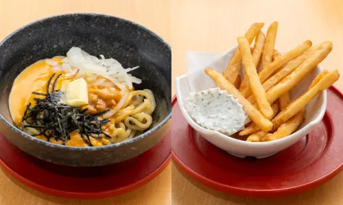 台灣壽司郎鮪魚大腹40元今開吃!浮誇年菜拼盤、海膽拌麵菜單一覽 ▲左起:「奶油濃厚海膽拌麵」140元、「松露美乃滋黃金脆薯 」60元。(圖/台灣壽司郎提供)