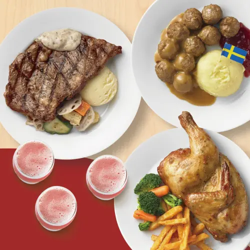 「新春開運餐」包含肉質鮮嫩的8盎司肋眼牛排佐松露白醬、IKEA經典必吃的瑞典肉丸10顆、酥脆滿分的鄉村烤半雞。(圖/IKEA提供) ▲「新春開運餐」包含肉質鮮嫩的8盎司肋眼牛排佐松露白醬、IKEA經典必吃的瑞典肉丸10顆、酥脆滿分的鄉村烤半雞。(圖/IKEA提供)