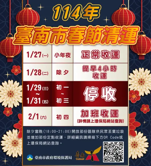 ▲台南市春節垃圾清運時程一覽。(圖/台南市環保局提供) ▲台南市春節垃圾清運時程一覽。(圖/台南市環保局提供)