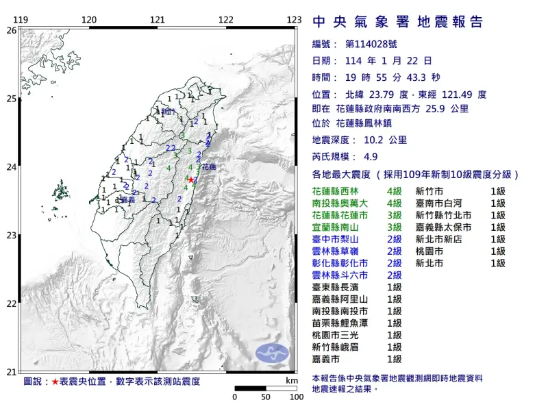 ▲今（22）日晚間7時55分，花蓮縣鳳林鎮發生芮氏規模4.9地震。（圖／中央氣象署提供）