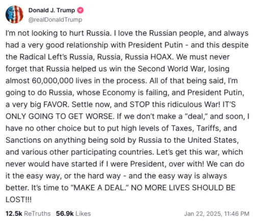 ▲川普22日在社群平台上公開發文,威脅俄羅斯總統蒲亭盡快結束戰爭,否則將祭出關稅、制裁。(圖/翻攝自Truth Social) ▲川普22日在社群平台上公開發文,威脅俄羅斯總統蒲亭盡快結束戰爭,否則將祭出關稅、制裁。(圖/翻攝自Truth Social)