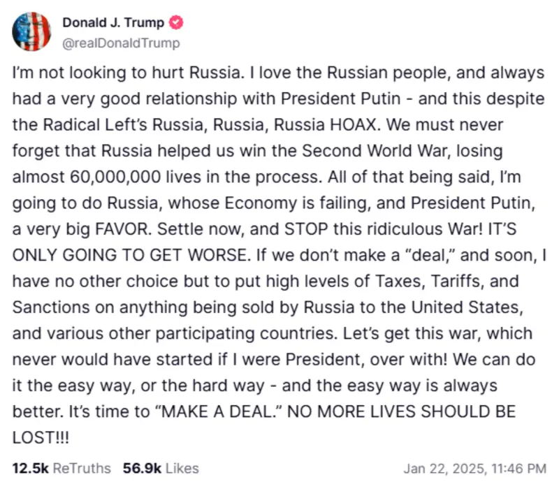 ▲川普22日在社群平台上公開發文，威脅俄羅斯總統蒲亭盡快結束戰爭，否則將祭出關稅、制裁。（圖／翻攝自Truth Social）