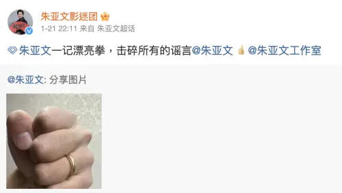 ▲朱亞文用一張拳頭照回應離婚的傳聞，對此他的粉絲大讚這回覆超有力。（圖／翻攝自朱亞文微博）