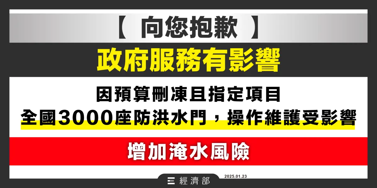 ▲全國3000多座防洪水門，是人民跟洪水之間防護，但是由於水電費遭刪減，將無法操作，不僅增加淹水風險，恐怕會影響到人民生命、財產安全。（圖／取自經濟部臉書）