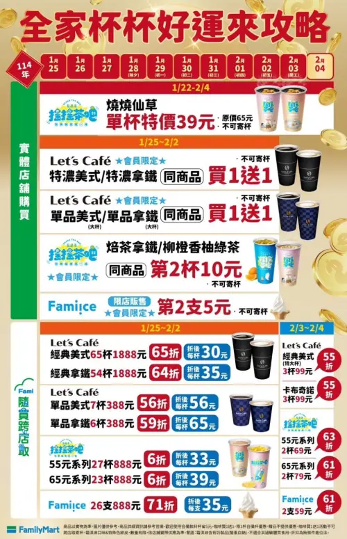 全家便利商店春節優惠一圖看,返鄉日、走春、開工日咖啡特價。(圖/全家便利商店提供) ▲全家便利商店春節優惠一圖看,返鄉日、走春、開工日咖啡特價。(圖/全家便利商店提供)