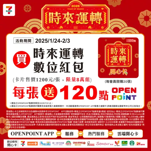 7-11 APP開心卡專區開賣「時來運轉數位紅包」(限量8萬組),每張售價1200元/張,贈送120點OPENPOINT點數。(圖/7-11提供) ▲7-11 APP開心卡專區開賣「時來運轉數位紅包」(限量8萬組),每張售價1200元/張,贈送120點OPENPOINT點數。(圖/7-11提供)