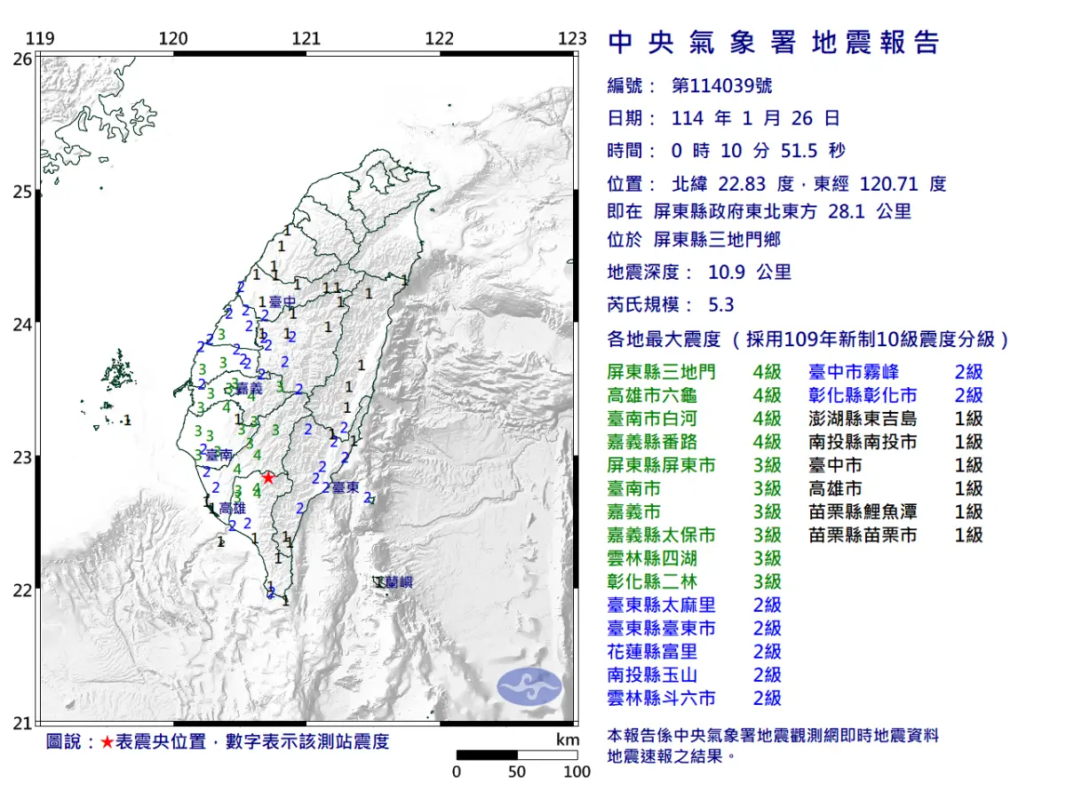 ▲今（26）日凌晨0時10分屏東縣三地門鄉發生芮氏規模5.3地震。（圖／中央氣象署）