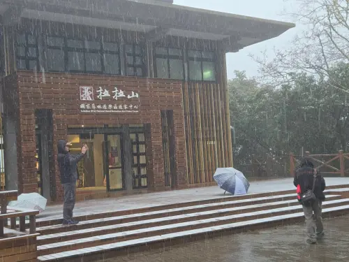 ▲拉拉山國家公園目前因為飄雪，開啟了車輛管制措施，車輛管制不能進入，遊客必須將車輛請在區外停妥，遊客須徒步進入
