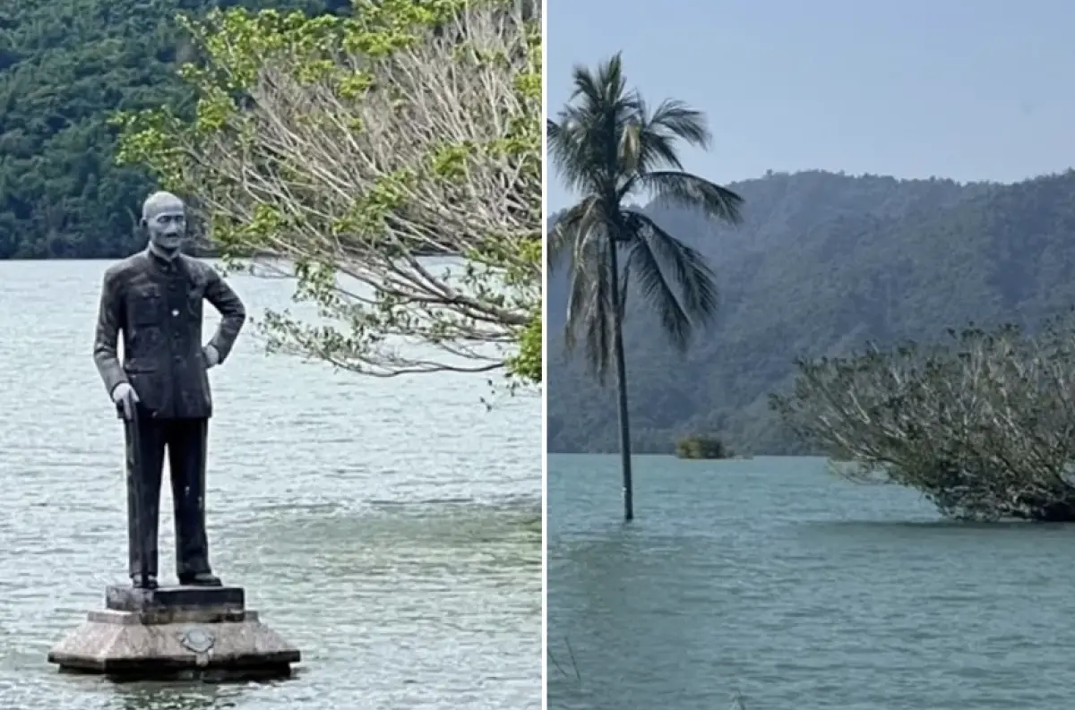 ▲大年初二嘉義縣大埔鄉發生芮氏規模5.6地震，矗立在曾文水庫內的「蔣介石銅像」竟被震入水中。（圖／大埔鄉公所提供）