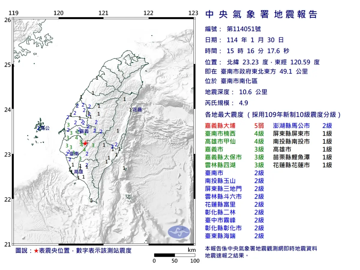 ▲今（30）日大年初二下午15時16分，台南市南化區發生芮氏規模4.9地震。（圖／中央氣象署）
