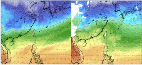 ▲最新歐洲模式(左)顯示週六(８日)另一波強冷空氣已南下，零度(紅)線觸及北部陸地，但美國模式(右)顯示，台灣仍在暖空氣內。（圖／擷自tropical tidbits）