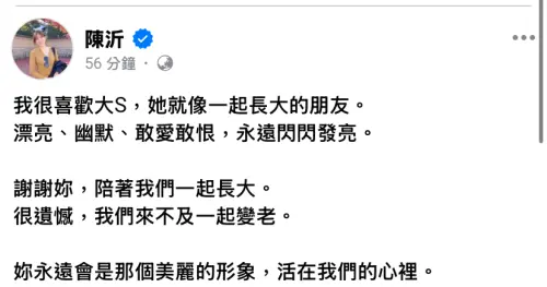 ▲網紅陳沂於社群寫下對大Ｓ驟逝的難過，並遺憾不能一起變老。（圖／陳沂臉書）