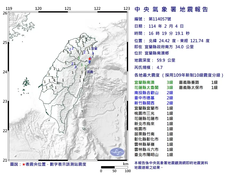 ▲中央氣象署地震測報中心表示，今（4）日下午4點19分，宜蘭縣南澳鄉發生芮氏規模4.7有感地震。（圖／中央氣象署）