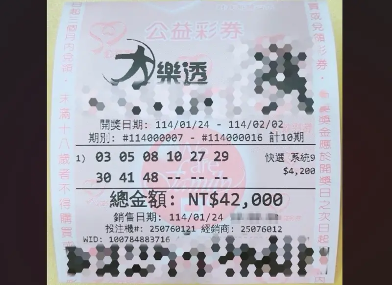 ▲團結力量大！台灣彩券公司今（5）日透露，大年初二有2注中大樂透頭獎，其中1注是在台中東勢開出，還是42人集資包牌「9連碰」中頭獎。（圖／台灣彩券公司提供）