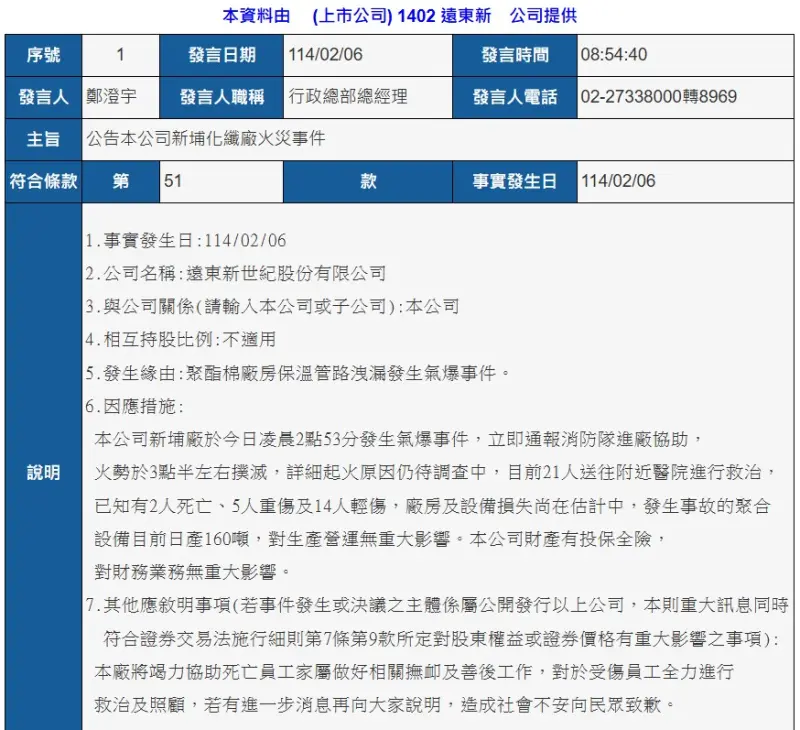 ▲遠東新世紀重訊說明紡織廠爆炸事件。（圖／摘自公開資訊觀測站）