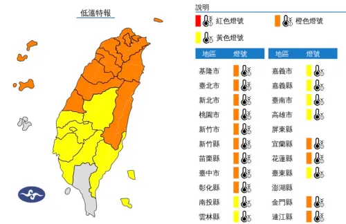 ▲今傍晚起彰化以北、宜蘭、花蓮及金門、連江局部地區有持續10度左右或6度以下氣溫（橙色燈號）發生的機率，請注意防範。（圖／翻攝自中央氣象署）