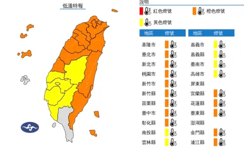 ▲全台20縣市低溫警戒．今（8日）至10日清晨寒流影響，各地天氣非常寒冷。（圖／翻攝自中央氣象署）