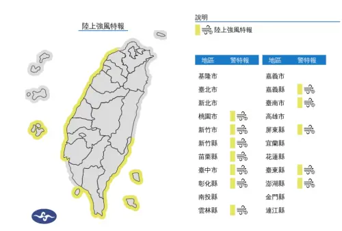 ▲東北風明顯偏強，桃園至臺南沿海空曠地區、恆春半島及蘭嶼、綠島、澎湖易有９至１１級強陣風