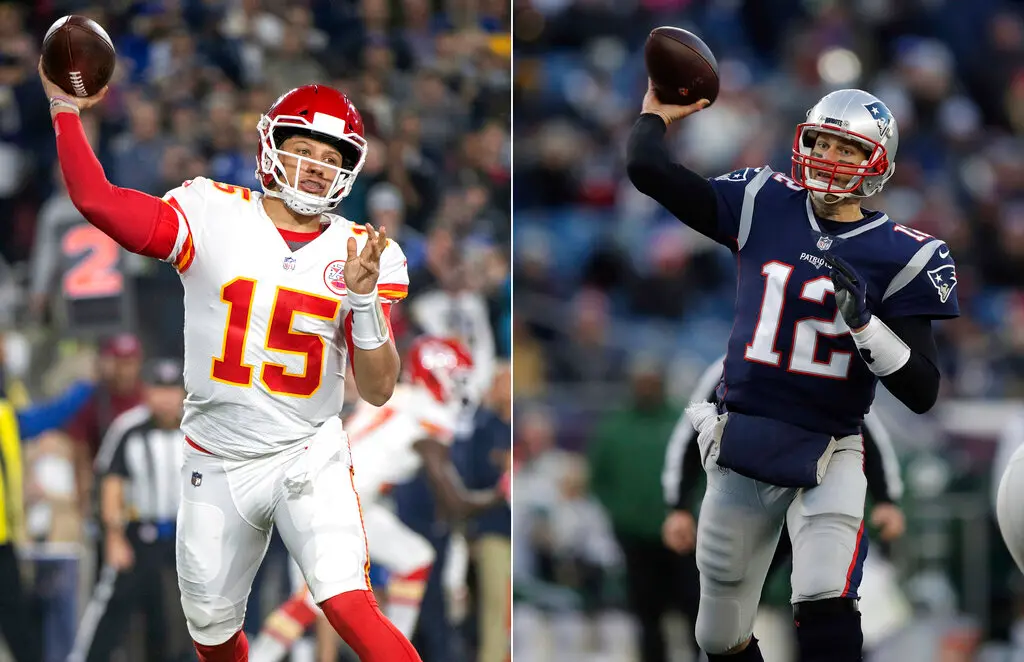 ▲當提到NFL史上最偉大的四分衛，Tom Brady（右）以 7 座超級盃冠軍奠定傳奇地位。然而，酋長當家四分衛Patrick Mahomes 近年來持續改寫紀錄，並在 六年內五度率領堪薩斯酋長隊進入超級盃，讓「GOAT之爭」更加激烈。（圖／美聯社／達志影像）