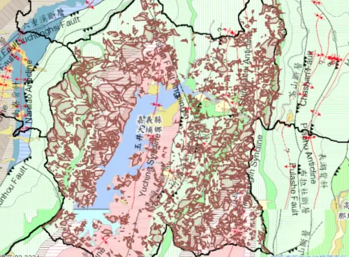 ▲嘉義大埔、曾文水庫集水區附近，有非常多「山崩與地滑地質敏感區」，地震可能導致土石崩落。（圖／郭鎧紋提供）