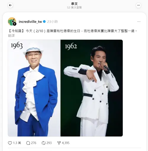 ▲杜德偉、陳雷同天生日！陳雷還小他1歲