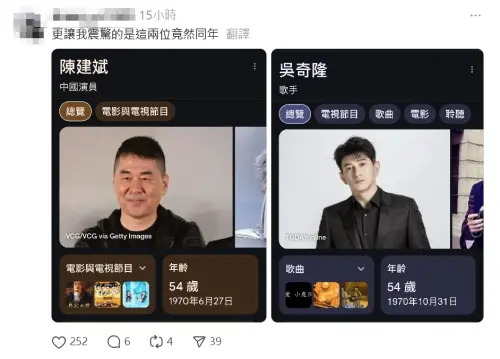 ▲網友開始挖出男明星的年紀對比，發現阿信、翁立友同年，吳奇隆其實也跟陳建斌同歲。（圖／怪奇事物所Threads）